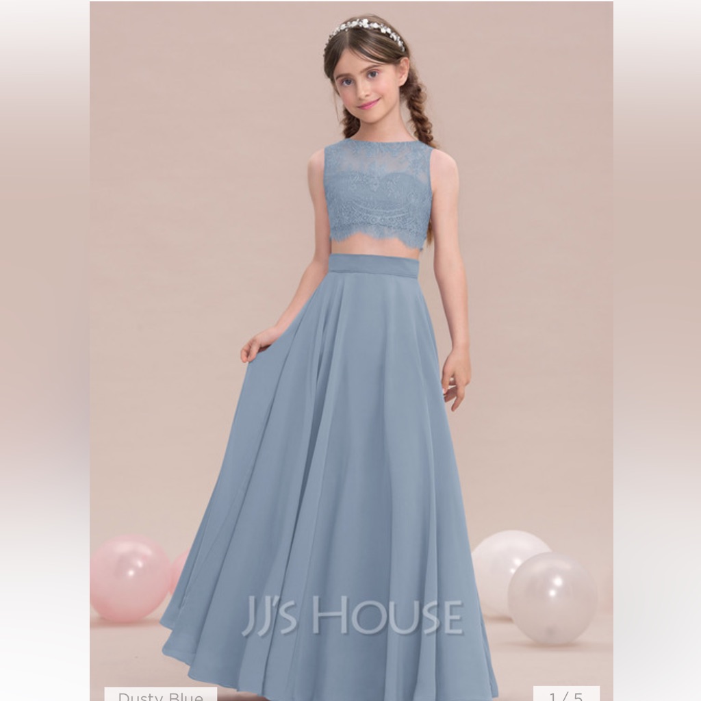 Size 14 Girls Formal Bridesmaid Dress. High-Neck Crop Top, Flowy A-Line Chiffon